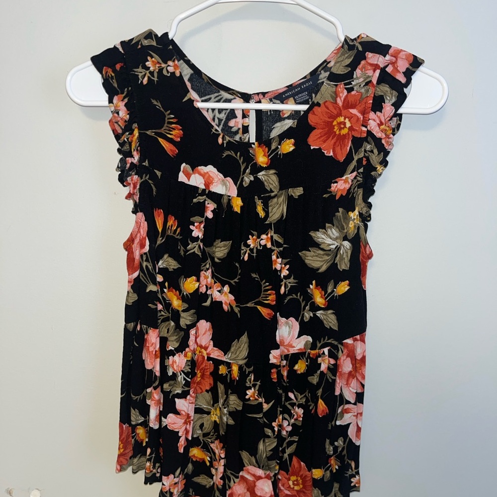 American Eagle Outfitters Black and Orange Sleeveless Ruffled Blouse